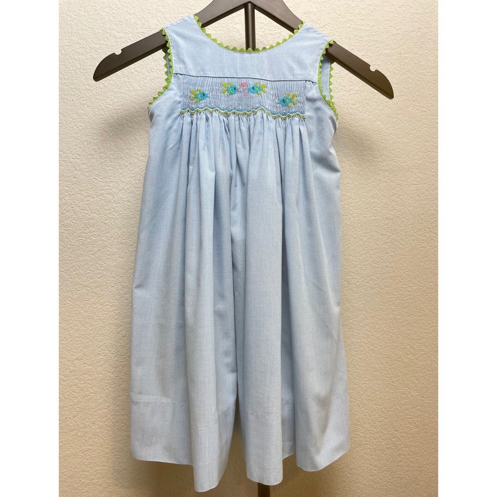 Amanda Remembered Girls‎ 4T Smocked Gingham Jumpsuit Blue White Ric Rac Floral